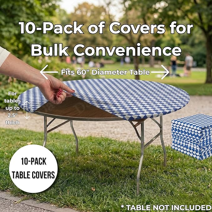 Kwik-Covers 10 Pack of Round Plastic Table Covers - 60" or 72" Round - Indoor or Outdoor Fitted Covers (Tables NOT Included) (Blue & White Check, 60" Round)