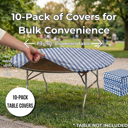 Kwik-Covers 10 Pack of Round Plastic Table Covers - 60" or 72" Round - Indoor or Outdoor Fitted Covers (Tables NOT Included) (Blue & White Check, 60" Round)