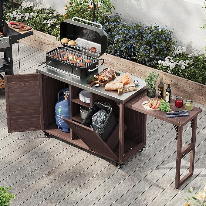 78.3" Outdoor Kitchen Island with Foldable Grill Table & Storage, Wooden Cart with Stainless Steel Top, Trash Can Holder, Bar Cart for Patio Lawn Garden (78.3"+Dark Brown)