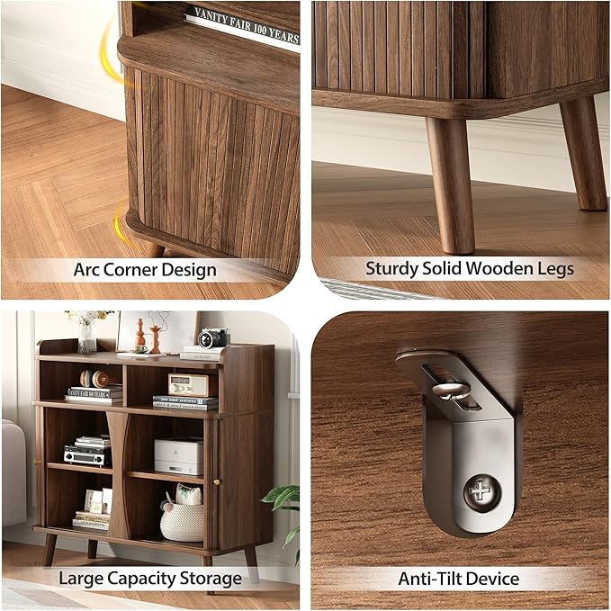 Decofy 39" Buffet Sideboard Cabinet, Mid Century Modern Console Cabinet with Roller Shutter Sliding Doors & Adjustable Shelves for Kitchen Cabinets, Living Room, Entryway, Coffee Bar Cabinet (Walnut)