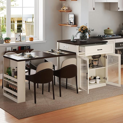 KEIKI 83.1" Kitchen Island with Extendable Dining Table, Storage Drawers Racks & Power Outlet for 2-6 Person, Kitchen Island Slide Out Dining Table with Tempered Glass Doors Cabinet for Dining Room