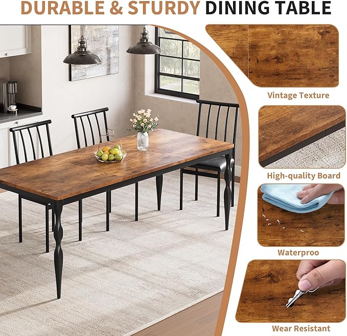 78" Modern Dining Table with Heavy-Duty Metal Legs, Farmhouse Kitchen Table for 6-8 Family, Rustic Brown Wood Top with Spindle Design for Dining Room, Home Office, Apartment