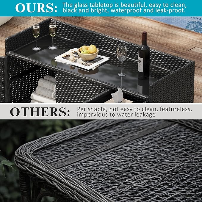 47.5 Inch Outdoor Storage Cabinet Wicker Buffet Table Patio Sideboard Tempered Glass Top Adjustable Shelves 3 Door Rattan Kitchen Island Drawer Dining Serving Console Metal Frame Black Brown
