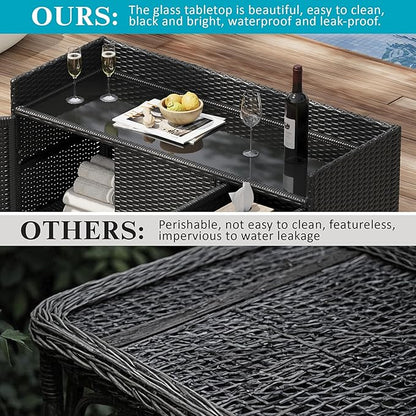 47.5 Inch Outdoor Storage Cabinet Wicker Buffet Table Patio Sideboard Tempered Glass Top Adjustable Shelves 3 Door Rattan Kitchen Island Drawer Dining Serving Console Metal Frame Black Brown