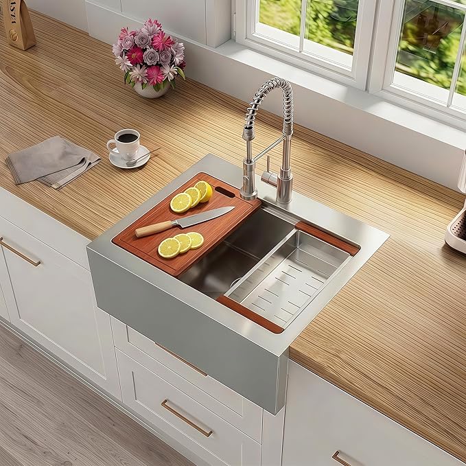 28 Inch Farmhouse Sink, 16 Gauge 304 Stainless Steel Farm Sinks, Drop In Topmount Single Bowl Workstation Sink with all Accessories, 28" x 22" x 10" Deep Kitchen Sink