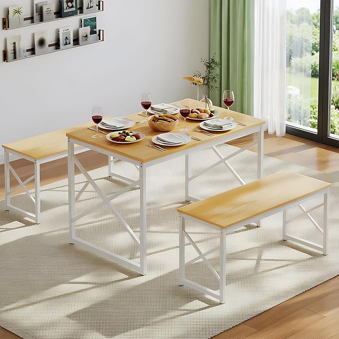 VECELO Kitchen Dining Table Benches Set for 4, 43.3" Wooden Dinette with 2 Benches, Heavy-Duty Dining Room Table for Small Space, Breakfast Nook, Natural Oak