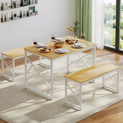 VECELO Kitchen Dining Table Benches Set for 4, 43.3" Wooden Dinette with 2 Benches, Heavy-Duty Dining Room Table for Small Space, Breakfast Nook, Natural Oak