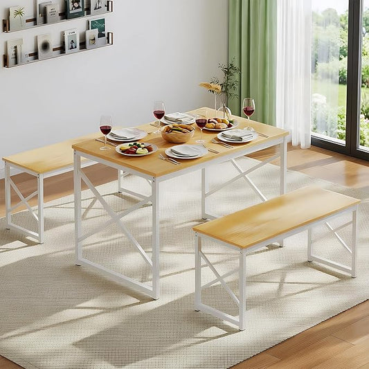 VECELO Kitchen Dining Table Benches Set for 4, 43.3" Wooden Dinette with 2 Benches, Heavy-Duty Dining Room Table for Small Space, Breakfast Nook, Natural Oak