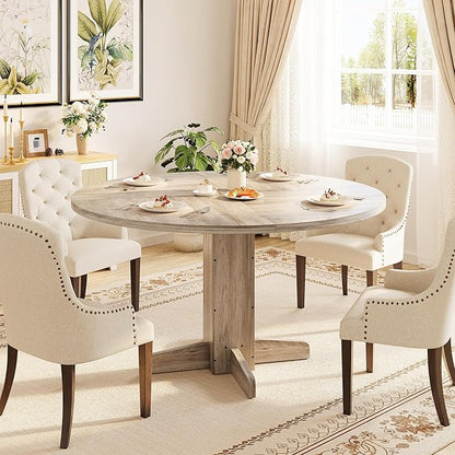 IDEALHOUSE Round Dining Table for 4-6 People, 47" Wood Kitchen Table with Sturdy Pedestal Base, Farmhouse Circle Dinner Tables for Dining Room, Living Room, Apartment, Grey
