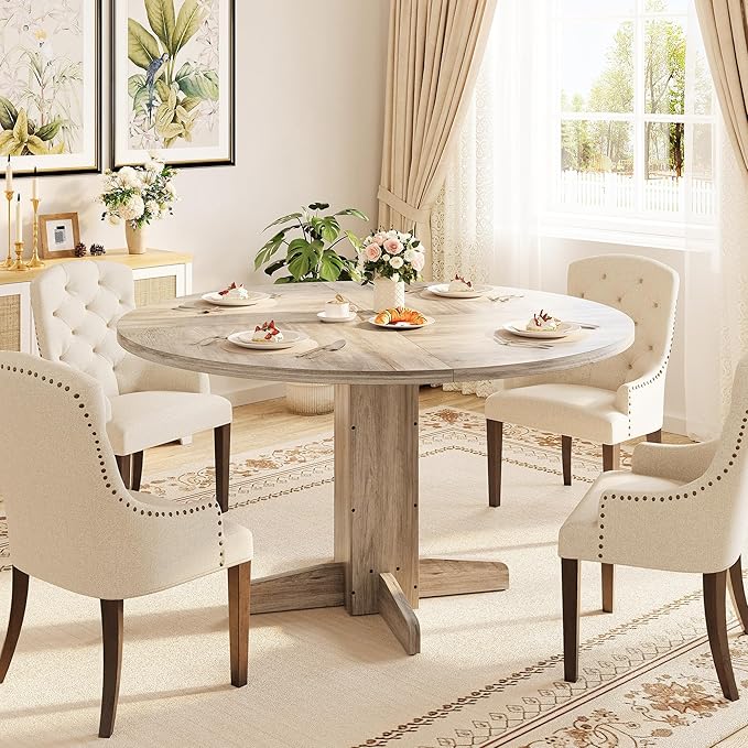 Garvee Round Dining Room Table for 4-6, 47" Wood Kitchen Table with Sturdy Pedestal Base, Farmhouse Circle Dinner Tables for Living Room, Apartment, Grey