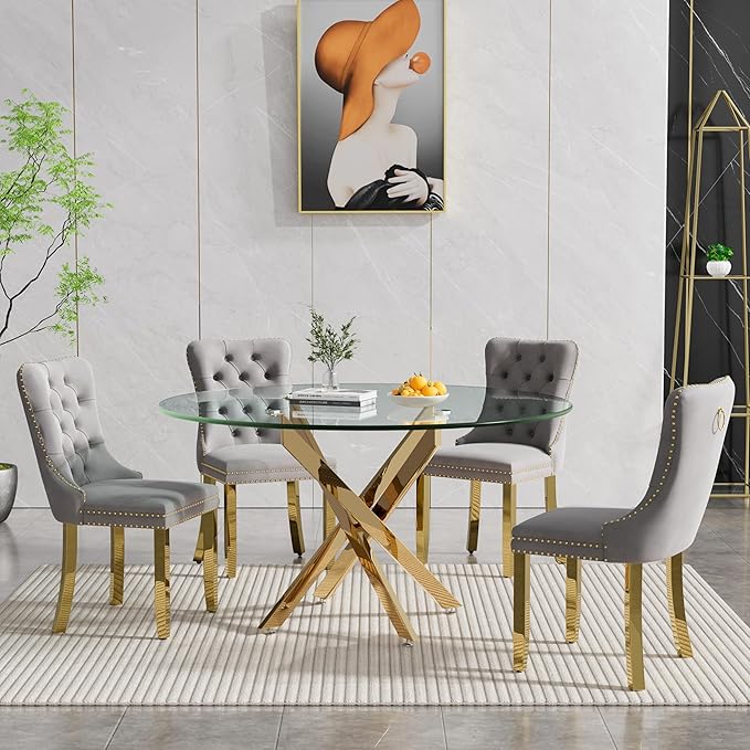 Round Dining Table, 47 Inch Glass Kitchen Table for 4-6 People, Tempered Glass Dinner Room Table with Gold X Metal Legs, Modern Circle Coffee Table for Home Dining Room Kitchen Restaurant