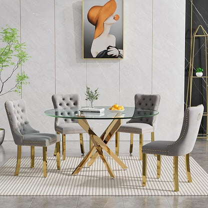 Round Dining Table, 47 Inch Glass Kitchen Table for 4-6 People, Tempered Glass Dinner Room Table with Gold X Metal Legs, Modern Circle Coffee Table for Home Dining Room Kitchen Restaurant