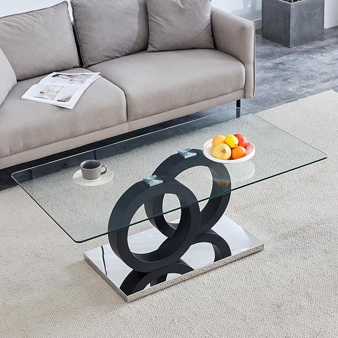 Glass Coffee Table for Living Room, 47" Modern Rectangle Coffee Tables with Tempered Glass Top and Unique Wooden Base, Clear Center Table for Living Room, Apartment, Office