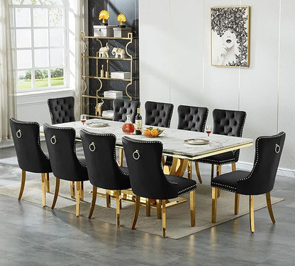 94 Inch White Marble Dining Table for 6-10 People, Modern Extra Long Rectangular Kitchen Table w/Faux Marble Top & Gorgeous Mirrored Stainless Steel Base, Large Rectangular Gold Dining Room Table