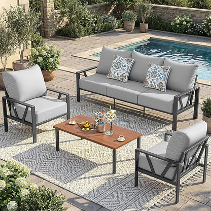 Outdoor Patio Furniture Set, 4 Pieces Metal Patio Furniture Set with Coffee Table, Modern Outdoor Patio Conversation Seating Set with 6” Thick Cushions, Light Grey