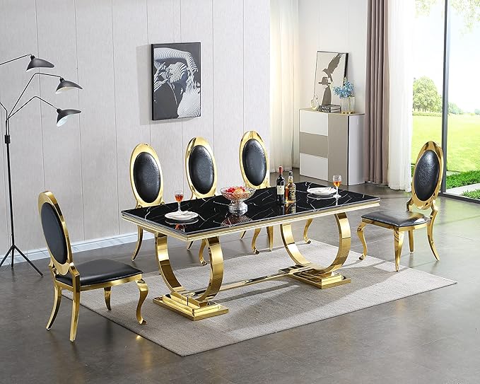 Black Marble Dining Table for 4 6, 70" Dining Room Table with Gold Stainless Steel Frame, Modern Kitchen & Dining Room Tables Rectangle Faux Marble Dinning Dinner Table for 4 6