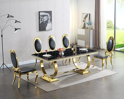 Black Marble Dining Table for 4 6, 70" Dining Room Table with Gold Stainless Steel Frame, Modern Kitchen & Dining Room Tables Rectangle Faux Marble Dinning Dinner Table for 4 6
