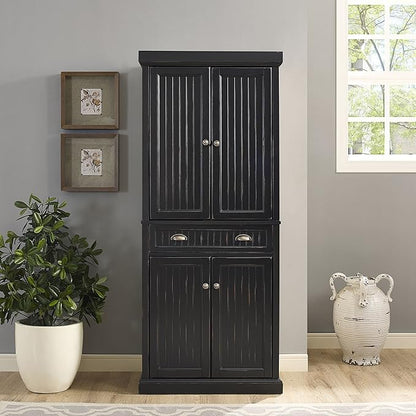 Crosley Furniture Seaside Coastal Pantry Storage Cabinet with Shelves, Kitchen, Dining, or Laundry Room, Distressed Black
