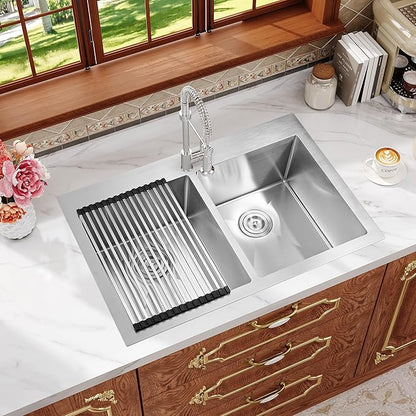 Rhbamoa Double Bowl Drop In Kitchen Sink 33x22,16-Gauge T304 Stainless Steel Topmount Kitchen Sink,50/50 Double Bowl Kitchen Sinks,Deep Sinks with All Accessories, Brushed Finish