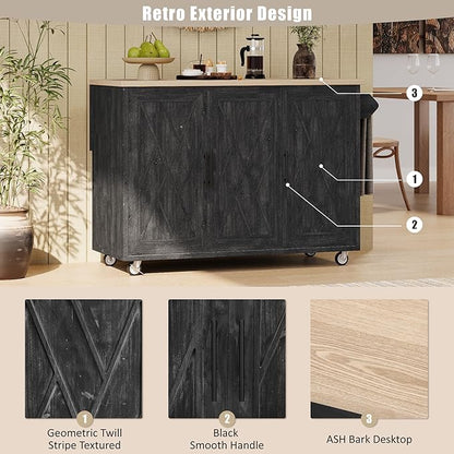 51.2"W Geometric Twill Stripe Textured Design Island with Drop Leaf, Farmhouse Kitchen Cart on Wheels with Internal Storage Rack, Rolling Kitchen Cart with Towel Rack (Black@044)