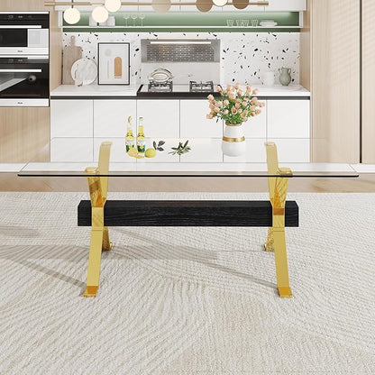 79" Glass Dining Table, Modern Kitchen Table, Modern Dining Table for 8, 0.5" Thick Tempered Glass Tabletop with Gold Chrome Metal Legs and Black Crossbar, Ideal for Dining Room, Kitchen