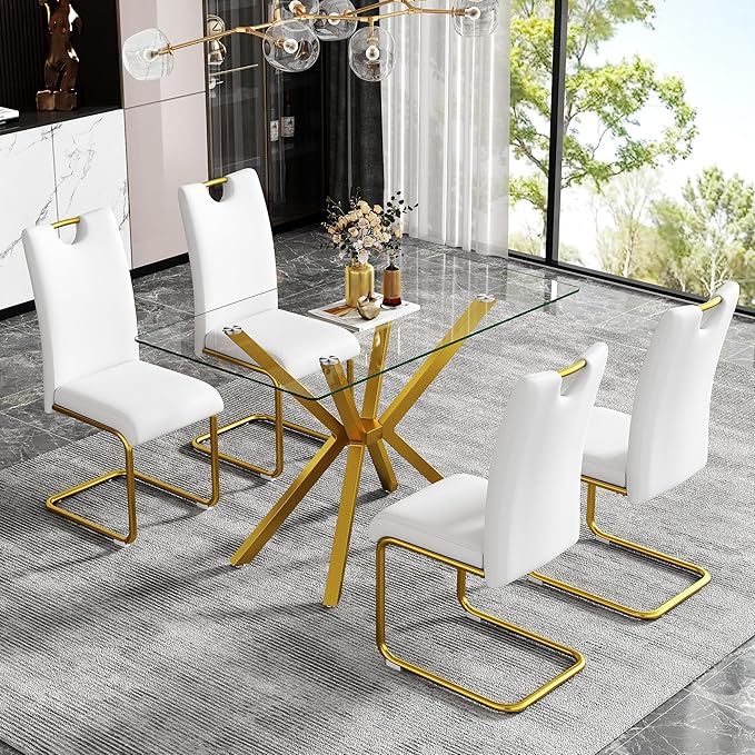 47in Rectangular Glass Dining Table for 4, Save Space Glass Dining Room Table with Gold Metal Legs, Clear Glass Top Kitchen Dining Table Set for 4