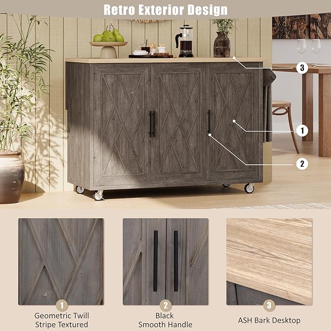 51.2"W Geometric Twill Stripe Textured Design Island with Drop Leaf, Farmhouse Kitchen Cart on Wheels with Internal Storage Rack, Rolling Kitchen Cart with Towel Rack (Brown@044)