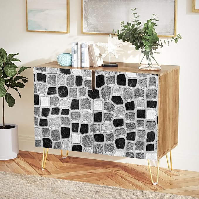SIGNWIN Sideboard Buffet Cabinet, Kitchen Storage Cabinet with 2 Doors, Black Gray Geometric Square Patterns, Cupboard Console Table for Dining Room - 35" L x 18" W x 29" H