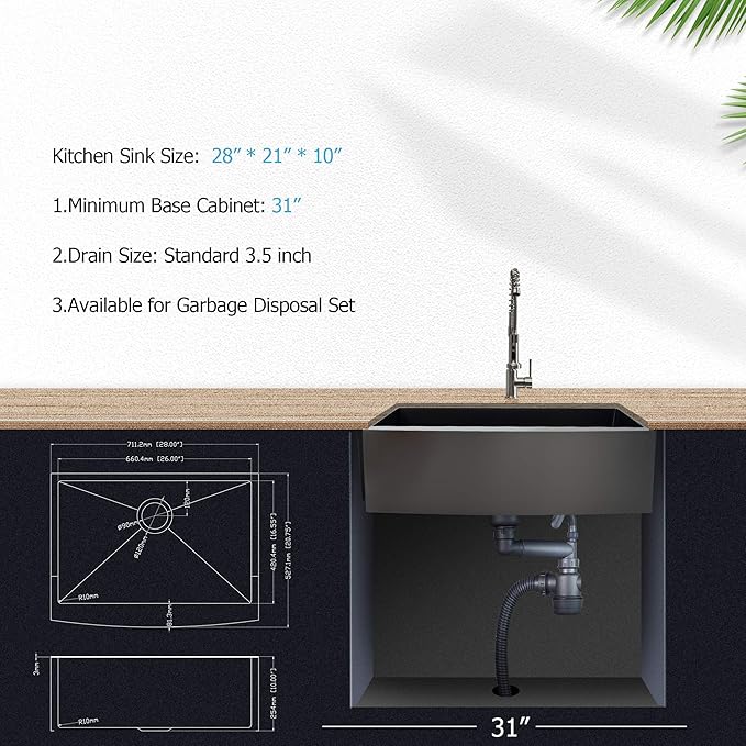 Lordear 28 Inch Black Farmhouse Sink Apron Front 16 Gauge Stainless Gunmetal Black Single Bowl Farmhouse Kitchen Sinks 28x21 Inch Barn Farm Sink