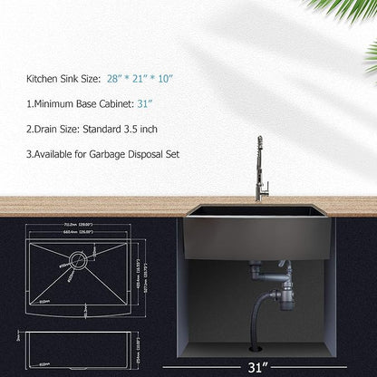 Lordear 28 Inch Black Farmhouse Sink Apron Front 16 Gauge Stainless Gunmetal Black Single Bowl Farmhouse Kitchen Sinks 28x21 Inch Barn Farm Sink