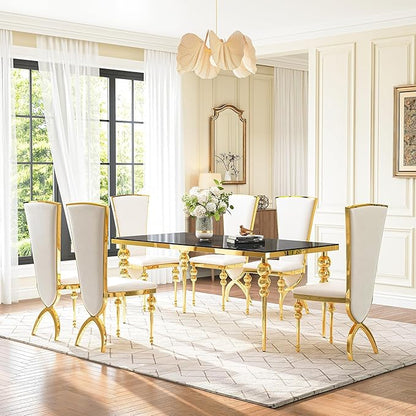 Glass Dining Table Set for 6, Luxurious 70 Inch Rectangular Glass Kitchen Table with 6 White High Back Leather Chairs, for Dining Room, Restaurant, Living Room (Black Top)