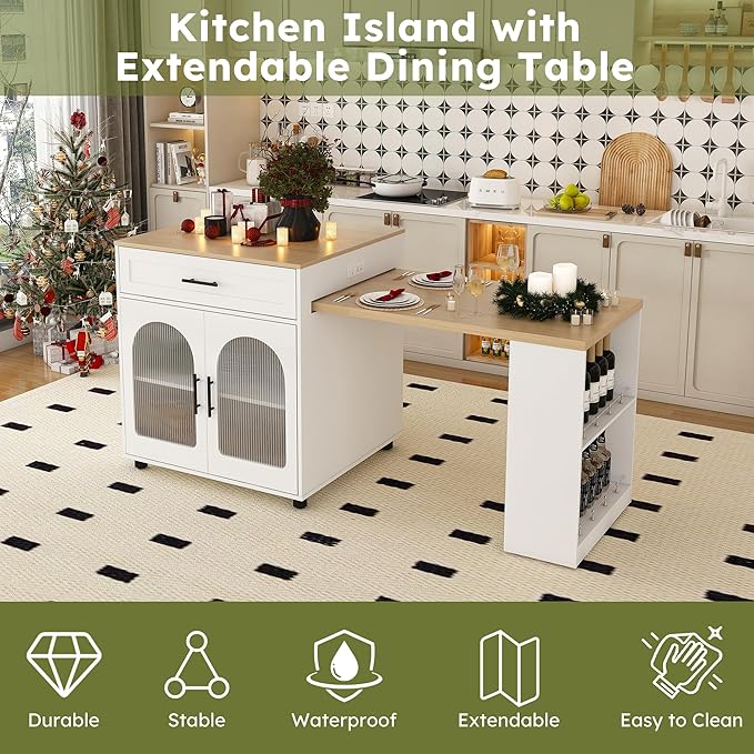 80 inch Expandable Kitchen Island with Dining Table, Solid Wood Grain Countertop with Power Outlet, Mobile Storage Cart with Cabinet 2 Drawers, Kitchen Prep Table(White)