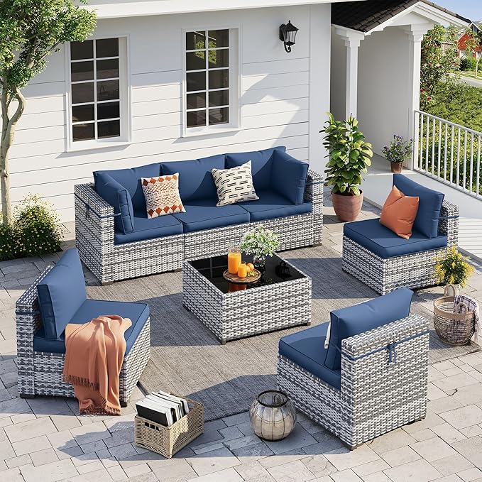 UDPATIO Outdoor Patio Furniture Set, 7 Piece PE Wicker Sectional Sofa with Tea Table, Outdoor Conversation Set with Waterproof Cover for Patio, Garden, Backyard (Blue Cushions with Grey Rattan)