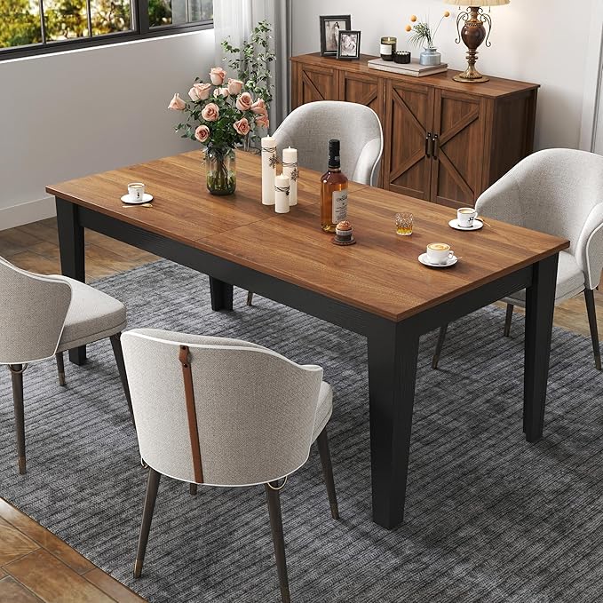 ODC 71" to 106" Extendable Dining Table, Expandable Large Kitchen Table Seats 6-10 People, Space-Saving Woodgrain Dining Room Table & Home Office Conference Desk, Walnut and Black