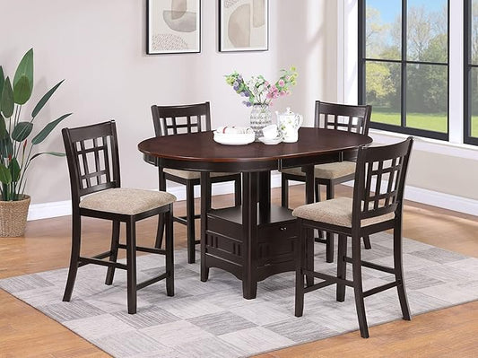Coaster Home Furnishings - LAVON - 5-Piece Counter Height Dining Set - Oval Extendable Table with Storage & 4 Upholstered Chairs - Dining Room & Kitchen - Light Chestnut - 105278-S5