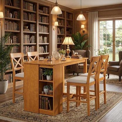 Homy Casa 60" Farmhouse Counter-Height Dining Table Set for 4, Solid Wood 3-Tier Storage Shelves, X-Back Upholstered Chairs, 36" H Kitchen Island Table, 5-Piece, Rustic Brown