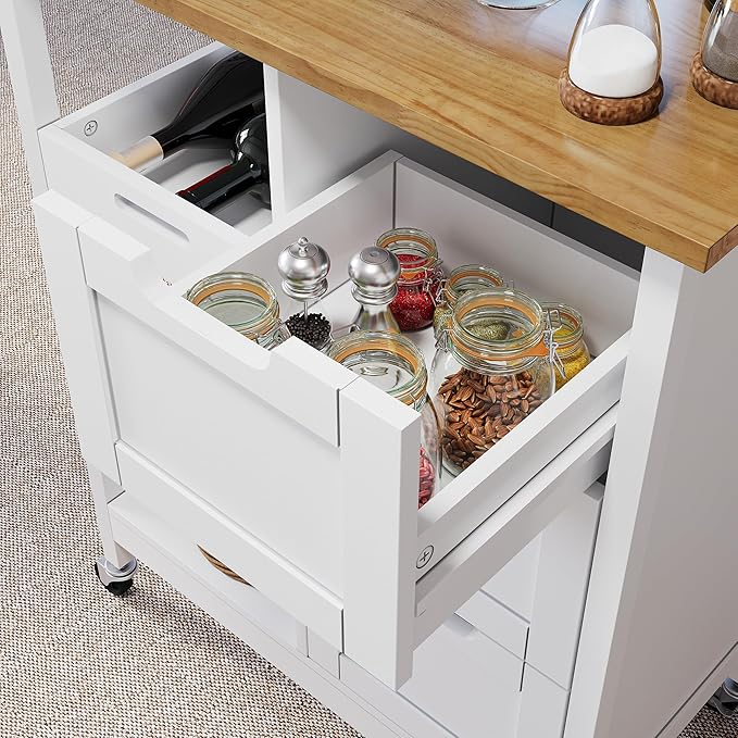 DWVO Solid Wood Top Rolling Kitchen Island Cart, 3 Tier Mobile Kitchen Storage Island Cart with 3 Drawers and 3 Opening Storage Shelves for Kitchen & Dining Area, White