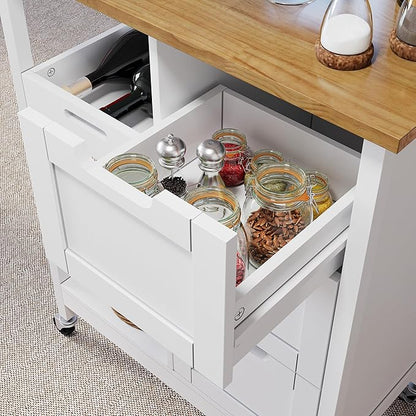 DWVO Solid Wood Top Rolling Kitchen Island Cart, 3 Tier Mobile Kitchen Storage Island Cart with 3 Drawers and 3 Opening Storage Shelves for Kitchen & Dining Area, White