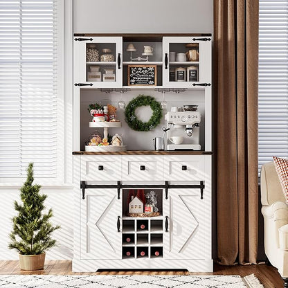 IDEALHOUSE 72" Coffee Bar Cabinet with Storage, Farmhouse Large Kitchen Pantry Hutch with Sliding Barn Door, Tall White Buffet Cabinet with 3 Drawer and Wine & Glasses Rack, for Living Dining Room