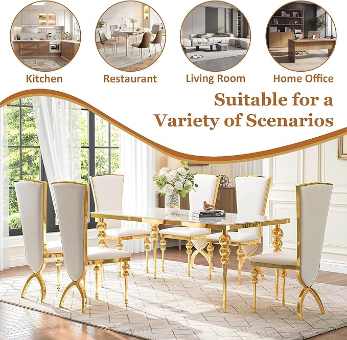 Glass Dining Table Set for 6, Luxurious 70 Inch Rectangular Glass Kitchen Table with 6 White High Back Leather Chairs, for Dining Room, Restaurant, Living Room (White Top)