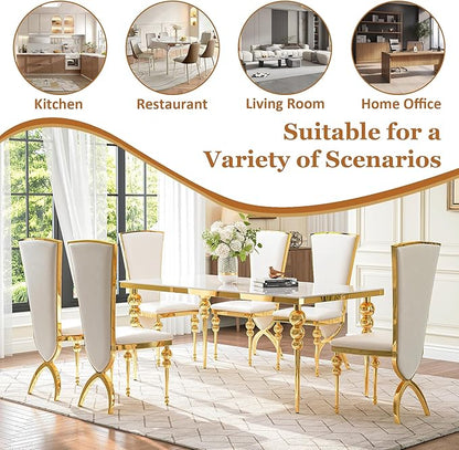 Glass Dining Table Set for 6, Luxurious 70 Inch Rectangular Glass Kitchen Table with 6 White High Back Leather Chairs, for Dining Room, Restaurant, Living Room (White Top)