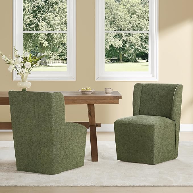 KISLOT Upholstered Dining Chairs Set of 2 with Casters, Wingback Modern Side Armless Deskchair with Rollers for Diningroom Bedroom Livingroom Reading Room, Green Fabric
