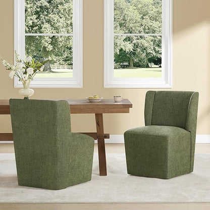 KISLOT Upholstered Dining Chairs Set of 2 with Casters, Wingback Modern Side Armless Deskchair with Rollers for Diningroom Bedroom Livingroom Reading Room, Green Fabric