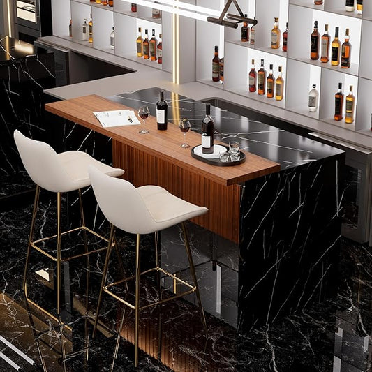 Modern Bar Table and Bar Stools Set, Marble-Look Counter Table with Wood Accent Top & Beige Velvet Bar Chairs Set of 2 with Gold Legs, Kitchen Island Pub Table Set for Home Bar, Dining Room