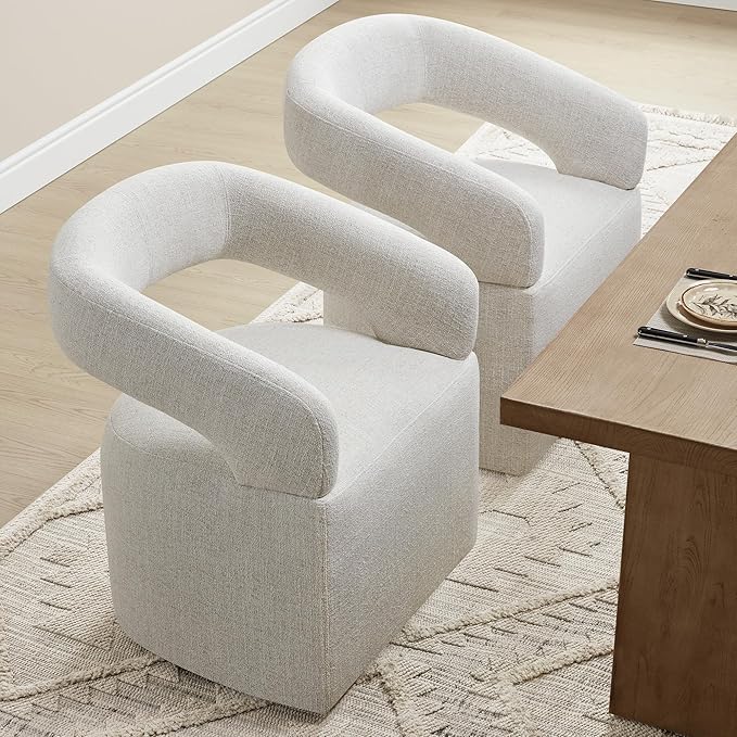 KISLOT Upholstered Dining Chairs with Casters, Modern Barrel Side Armchair with Rollers for Dining Room, Bedroom, Kitchen, Reading Room, Beige, Set of 1