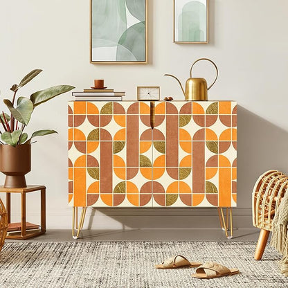 SIGNWIN Sideboard Buffet Cabinet, Kitchen Storage Cabinet with 2 Doors, Orange & Brown Retro Polygon Pattern, Cupboard Console Table for Dining Room - 35" L x 18" W x 29" H