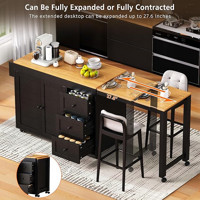 GOWE K&K 74.8" Kitchen Island with Extendable Dining Table, Kitchen Storage Cart with 3 Drawers, Power Outlet, Rolling Kitchen Island on Wheels with Spice Rack and 2 Door Cabinet, for Kitchen, Black