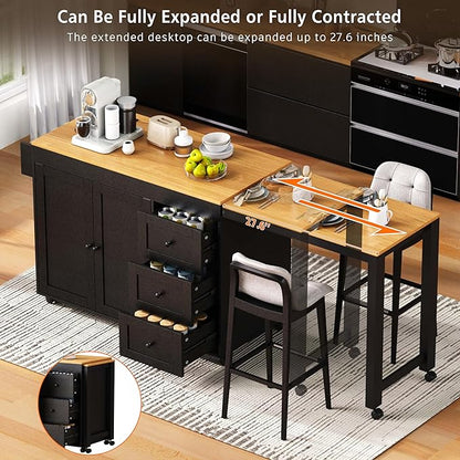 GOWE K&K 74.8" Kitchen Island with Extendable Dining Table, Kitchen Storage Cart with 3 Drawers, Power Outlet, Rolling Kitchen Island on Wheels with Spice Rack and 2 Door Cabinet, for Kitchen, Black