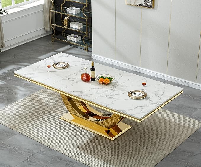 94 Inch White Marble Dining Table for 6-10 People, Modern Extra Long Rectangular Kitchen Table w/Faux Marble Top & Gorgeous Mirrored Stainless Steel Base, Large Rectangular Gold Dining Room Table