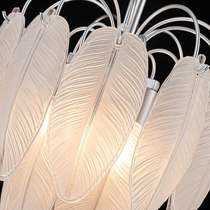 LumFurn D12 inch Glass Chandeliers, 3-Light Modern Pendant Light Fixture for Dining Room, Living Room, D12x18~47 in(Adjustable Height), White Frosted Glass Feather Shade & Silver Finish Frame